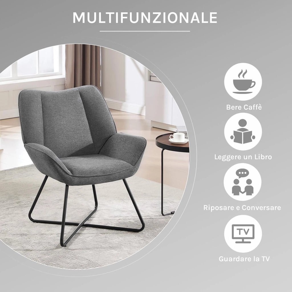 Poltroncina Camera da Letto, Poltrone Salotto, in Lino, con Gambe in Metallo, Portata 150 kg, Grigio Scuro