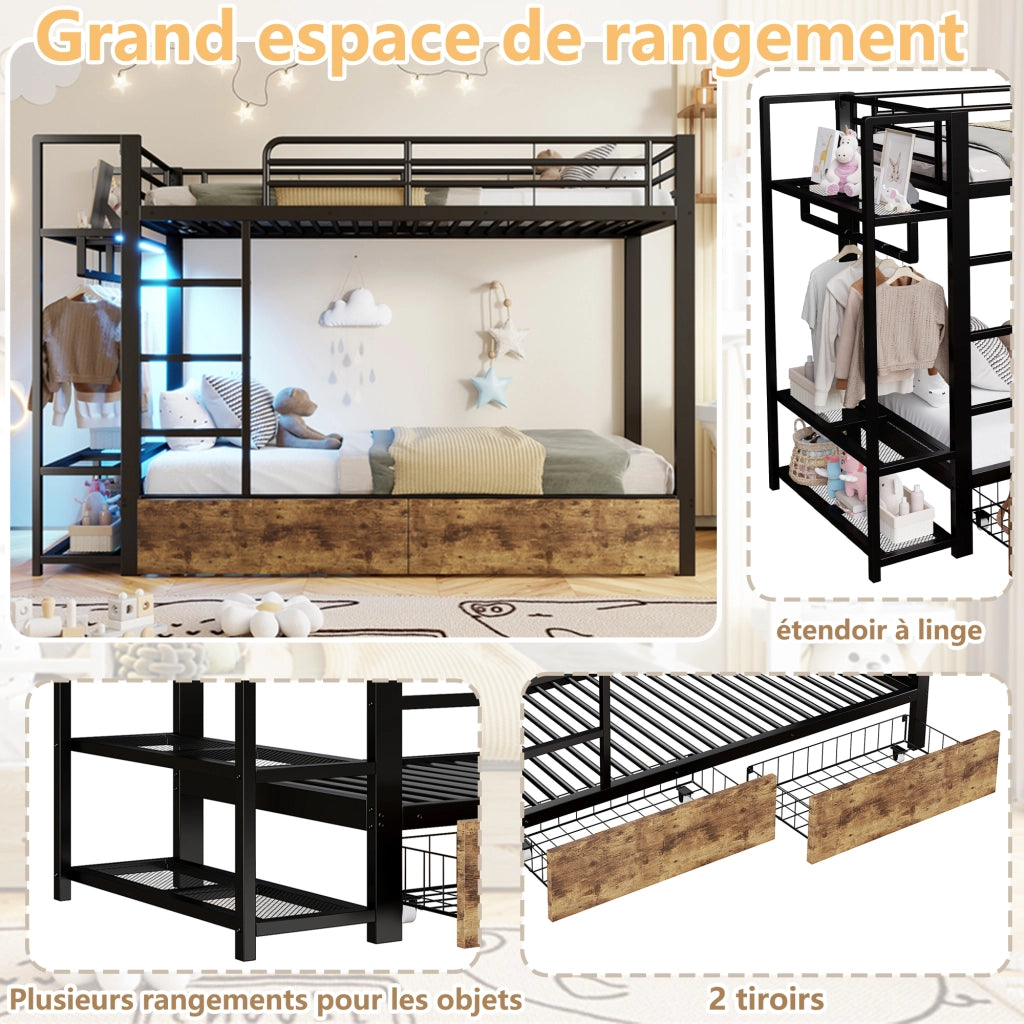 Letto castello 90x200 ferro 2 cassetti LED asta nero