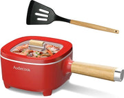Pentola elettrica 2L - Pentola multifunzionale ceramica per steak, uovo, ramen, avena e zuppa - 24 cm - Rosso