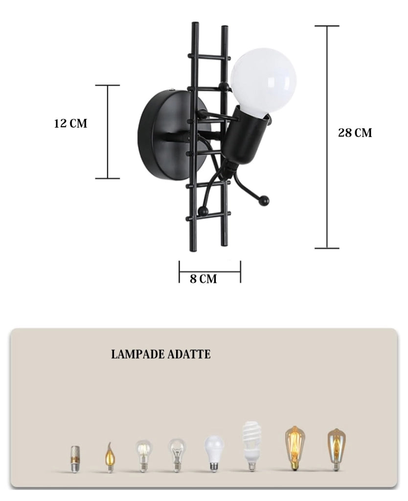 Applique Lampada da parete moderna con attacco E27 forma Omino Nero su scala