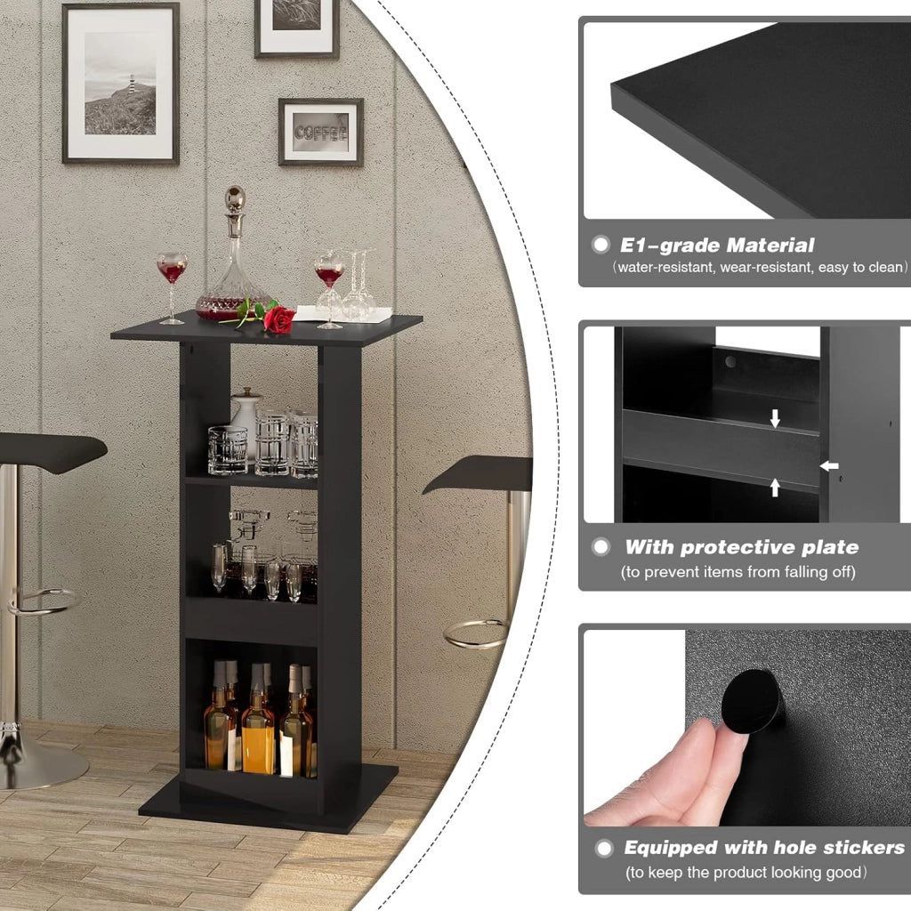 Tavolo da Bar Quadrato, Tavolino Alto e Stretto con 3 Ripiani, Tavolo Alto Cucina, Sala da Pranzo, Bistrot, in Truciolare, 60x60x109 cm, Nero