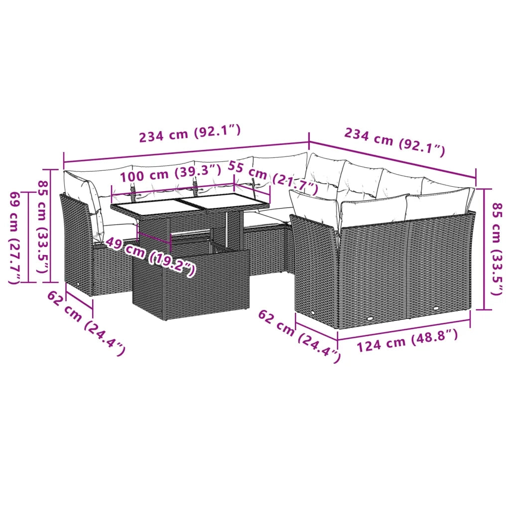 vidaXL Set Divano da Giardino 9 pz con Cuscini Beige in Polyrattan