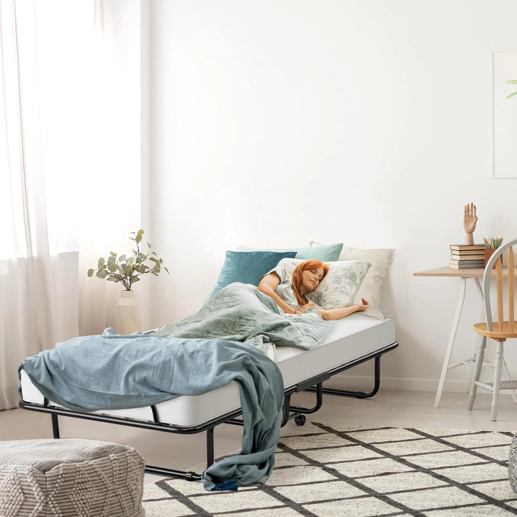 Letto Singolo Pieghevole, Portata di 120 kg, Letto Pieghevole con Materasso e 4 Ruote, 4 Gambe in Mettallo, Fibbia Fissata, 80 x 190 cm, Materasso di 10 cm, Ideale per Viaggio e di Riserva