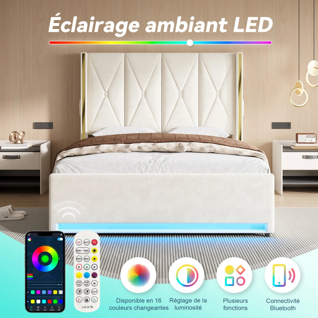 Letto contenitore ULEVR 160x200 cm in velluto beige con LED, USB e Type-C, testiera alta e tasche laterali