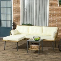 Salotto da Giardino in Rattan PE con Chaise Longue, Divano 2 Posti e Tavolino, Crema