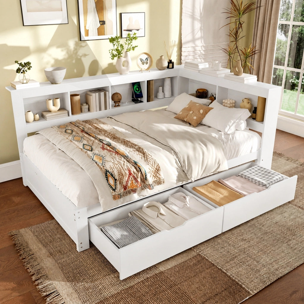 Divano letto 140x200 cm in legno di pino e MDF con due cassetti; prese e porte USB; bianco