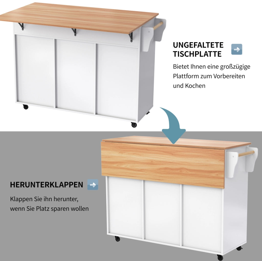 Carrello cucina con piano pieghevole, cassetti e ruote, bianco e naturale