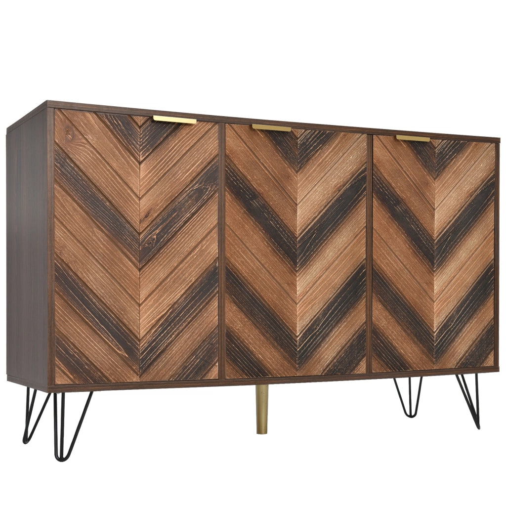 Credenza a 3 ante con ampio spazio contenitivo, finitura effetto legno naturale e gambe in ferro