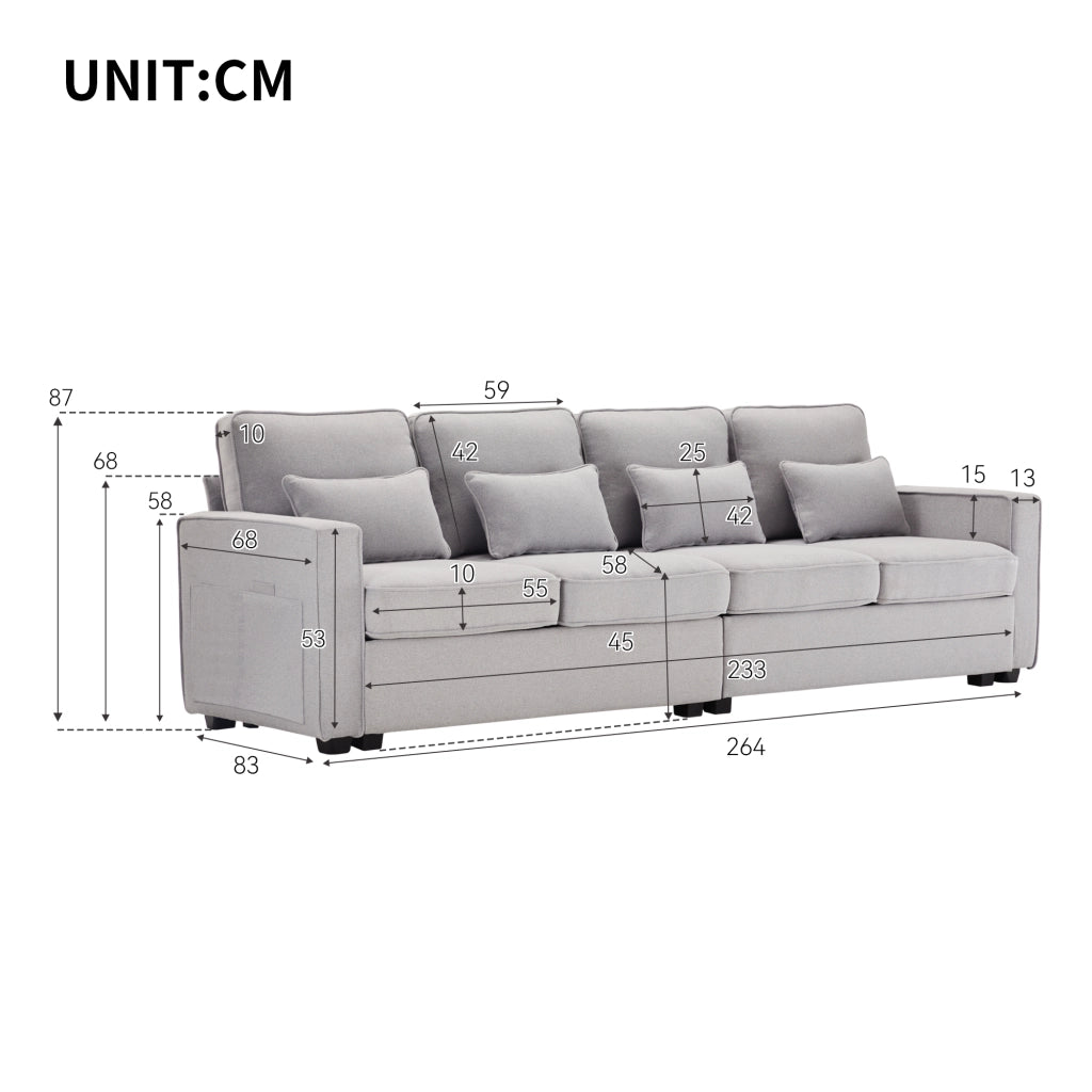 Divano Lineare 4 Posti con Tasche Laterali e 4 Cuscini Lombari, in Lino Grigio 264 × 83 × 87 cm