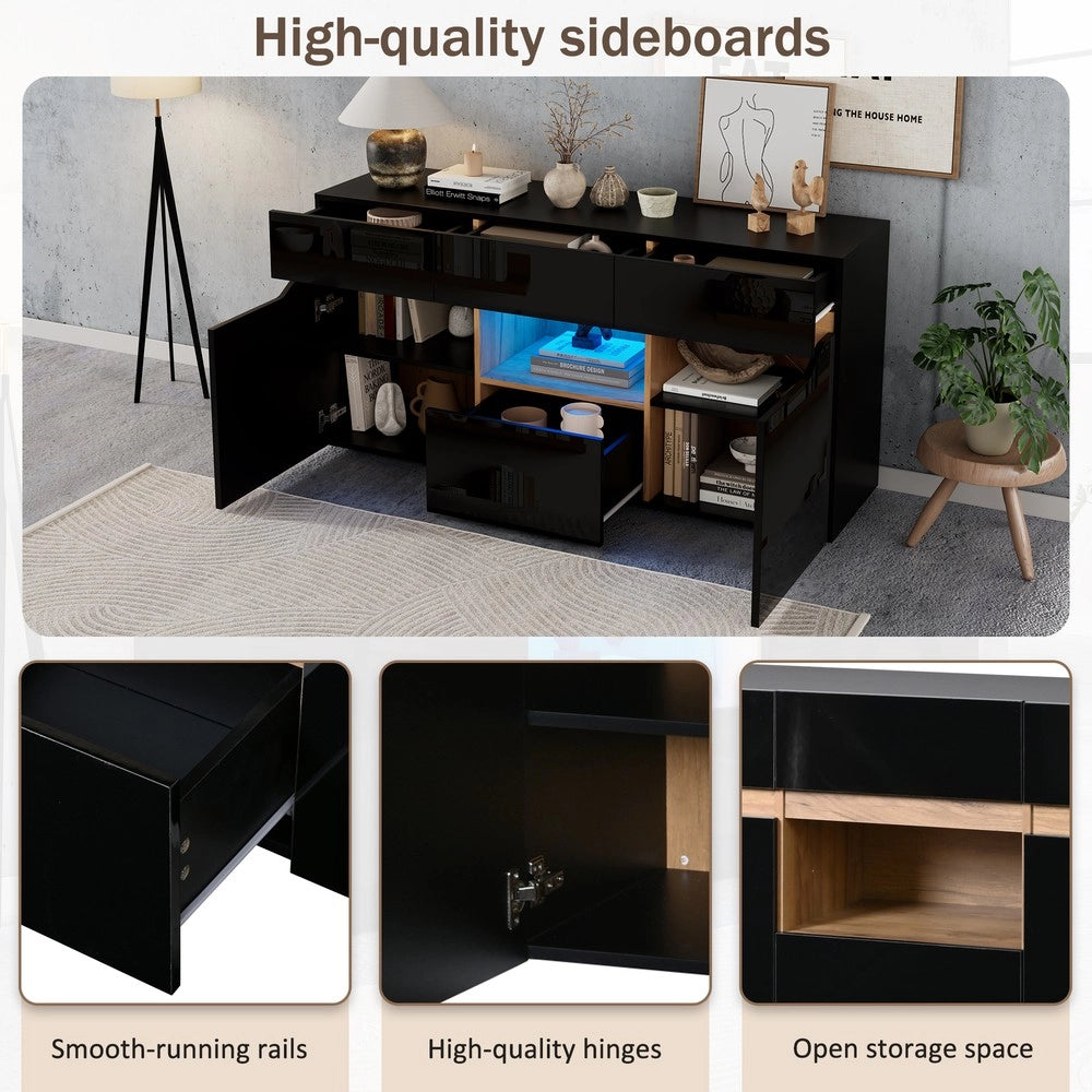 Credenza Soggiorno con Cassetti e LED ¨C MINIMAL ¨C Nero/Legno 140x40x70