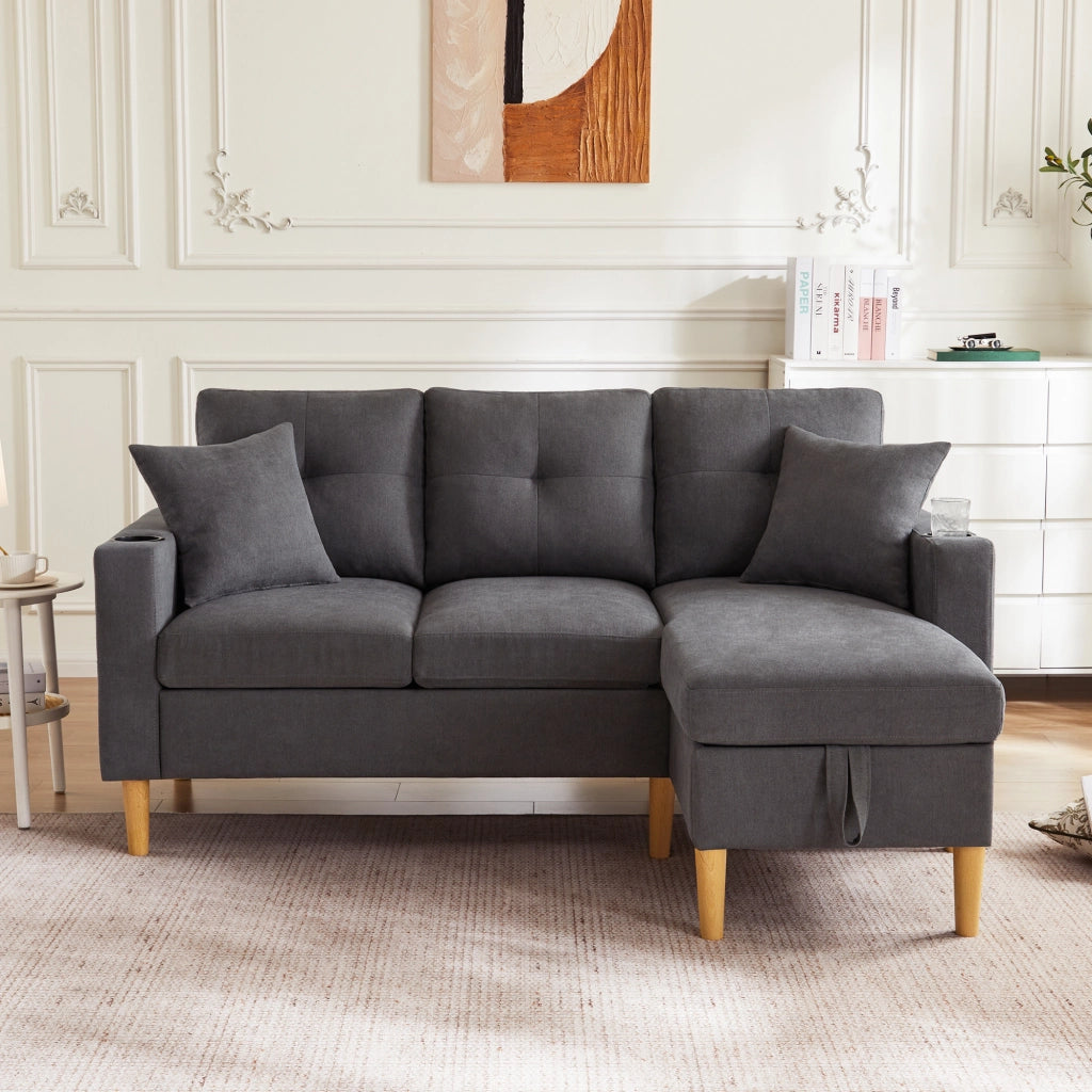 Divano Chaise Longue a 3 Posti con Contenitore e Portabicchieri; Reversibile; in Cotone e Lino; Grigio Scuro