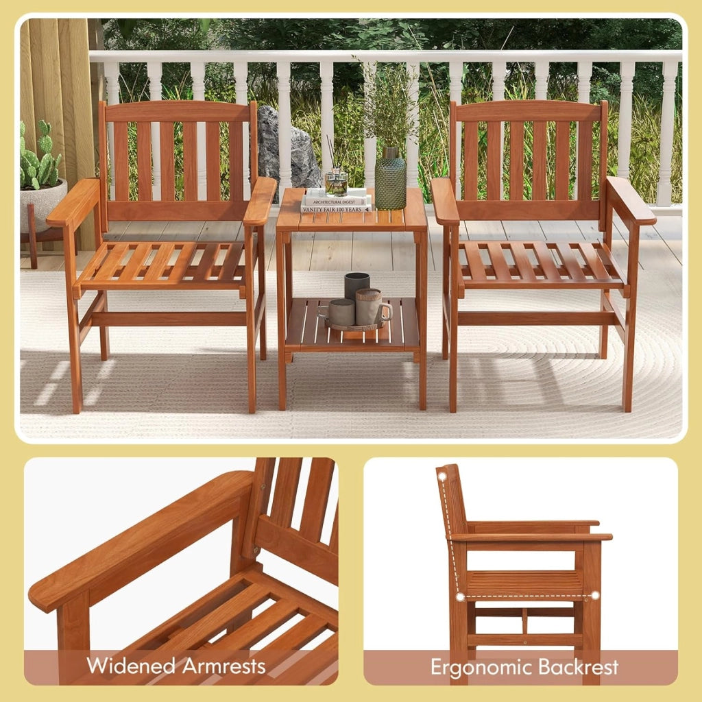 Set di mobili da 3 pezzi, in legno, set di 2 sedie e tavolo con foro per ombrelloni, set di conversazione con schienale e braccioli per patio, terreza, balcone