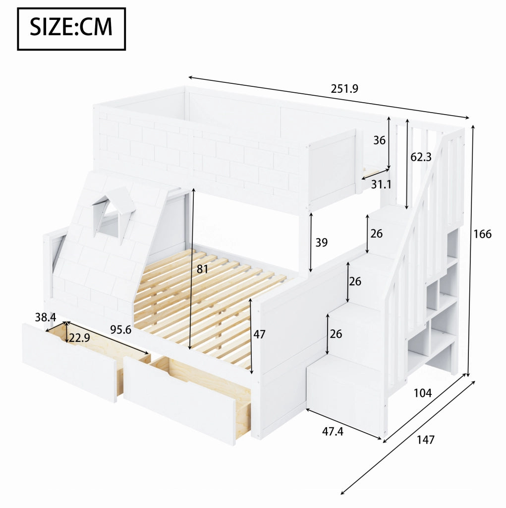Letto a castello per bambini con scala contenitore e cassetti; 90x200/140x200 cm; bianco