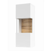 Piccola vetrina sospesa a 1 anta parzialmente vetrata collezione EVA. Colore bianco opaco e rovere.