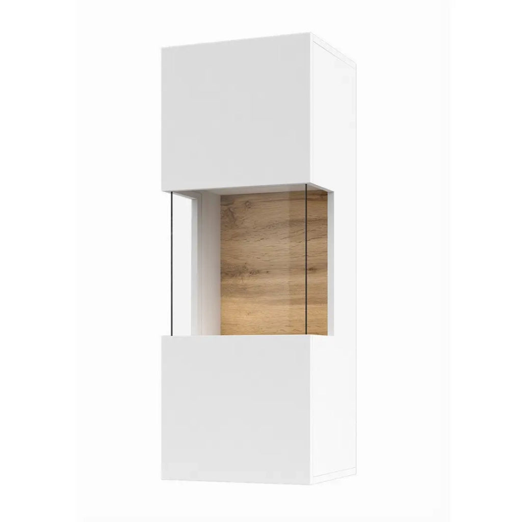 Piccola vetrina sospesa a 1 anta parzialmente vetrata collezione EVA. Colore bianco opaco e rovere.