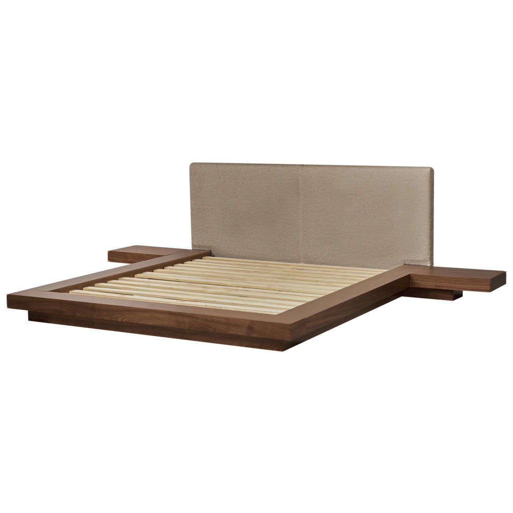 Letto matrimoniale con testata e comodini in legno chiaro bouclé tortora 160 x 200 cm stile giapponese