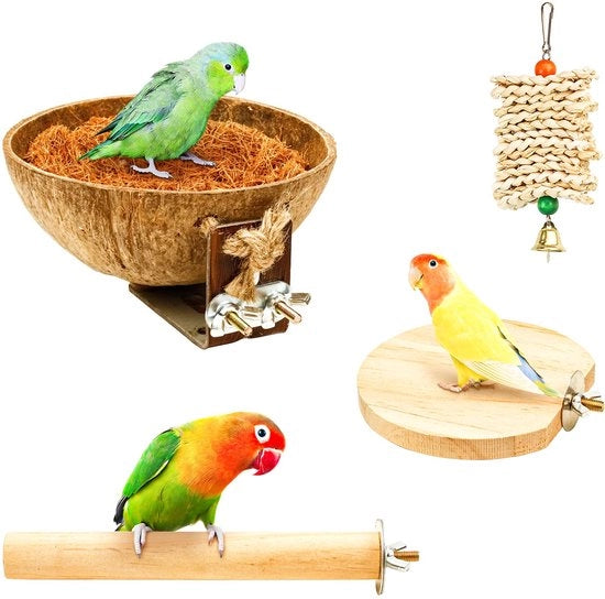 Set di nido per uccelli in cocco naturale, giardino per uccelli, accessori per gabbie, giocattoli per uccelli inclusi posti a sedere per uccelli, tavolo per uccelli, giocattolo per uccelli mangia checca per pappagalli, ninfa