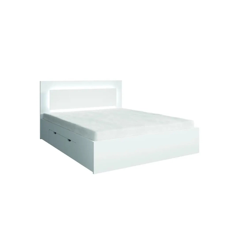 Set camera NOFI - Letto 180x200 cm con doghe, 2 cassetti, comodini, armadio e cassettiera - bianco