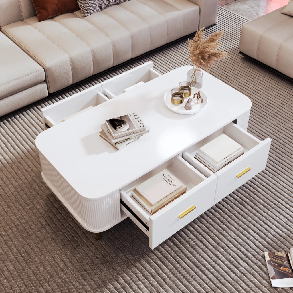 Tavolino da Salotto con 4 Cassetti e Angoli Arrotondati; Fianchi Ondulati; Maniglie e Gambe Dorate; in MDF; Bianco; 105×51×38 cm