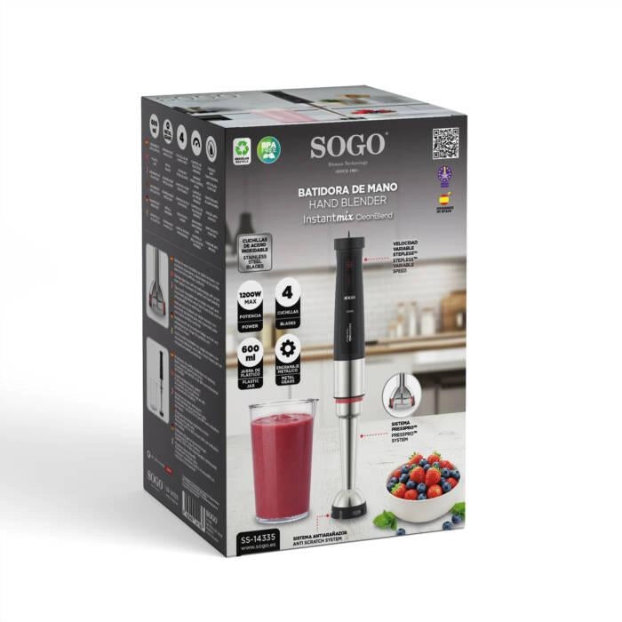 Frullatore ad immersione 1200W con 4 lame acciaio inox, bicchiere 600ml, velocità variabile continua, funzione turbo - SOGO