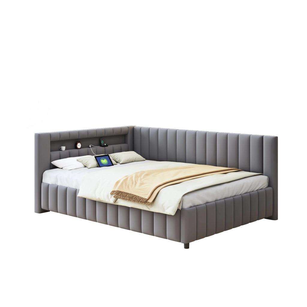 Letto poltrona imbottito in velluto con LED e porta USB grigio 140x200 cm