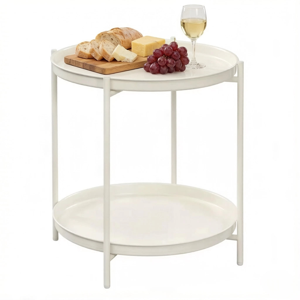 Tavolino da caffè rotondo con 2 ripiani - per soggiorno - in metallo - 44×44×53 cm - crema