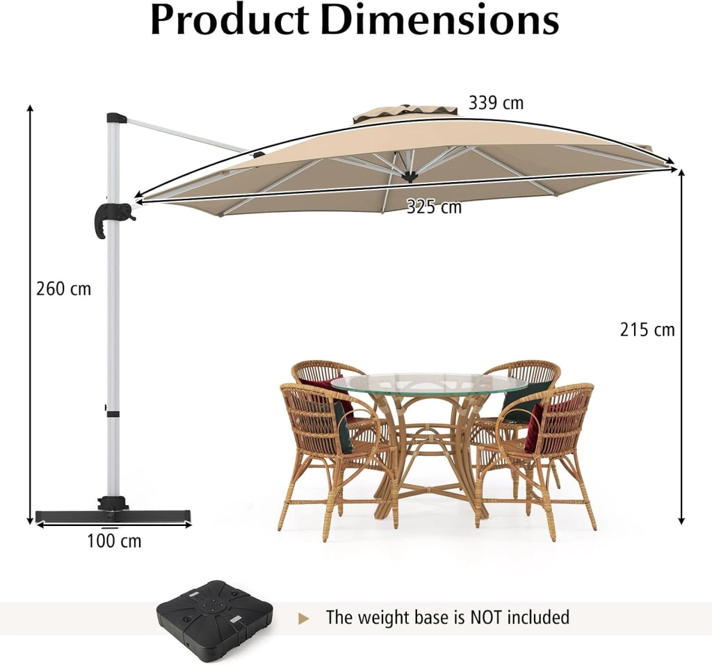 Ombrellone da Giardino Rotondo 3x3, Ombrellone da Balcone Girevole a 360°, Ombrellone Parasole con Manovella, Inclinabile e Regolabile, Ombrellone da Cortile, Terrazza, Ø 340 cm, senza Base
