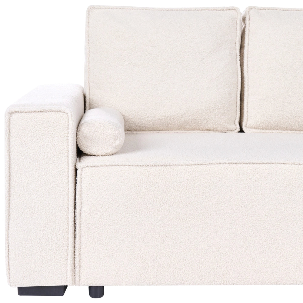 Divano letto angolare a 3 posti rivestimento in bouclé verde chiaro configurazione a sinistra con braccioli contenitori reversibile stile moderno per soggiorno