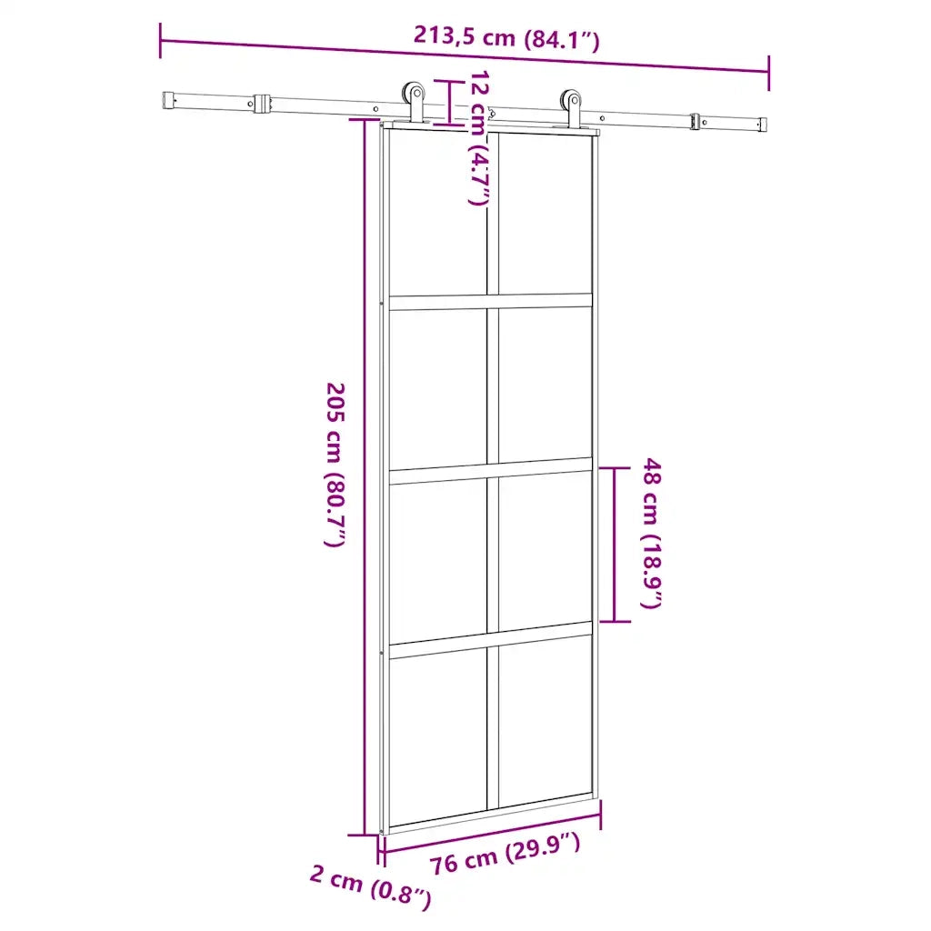 Porta Scorrevole Ferramenta 76x205 cm Vetro Temperato Alluminio 3333022