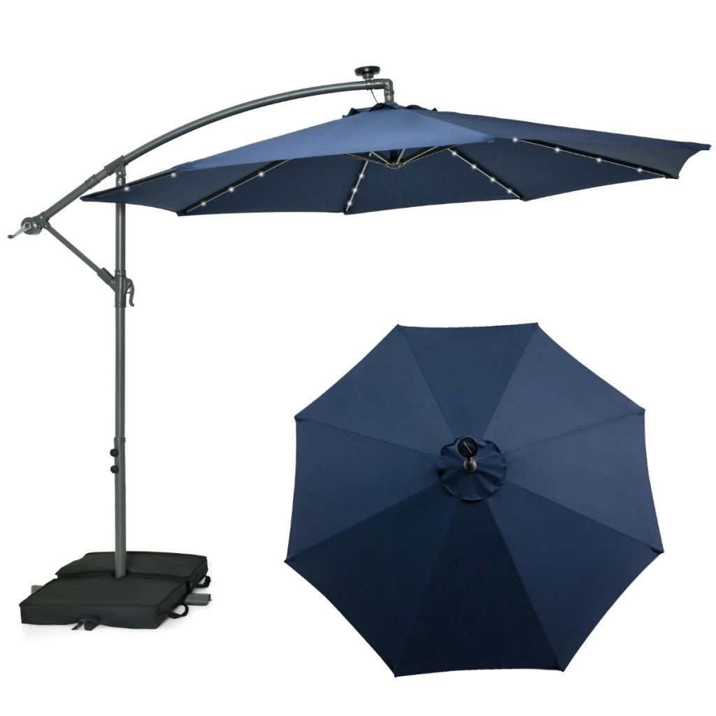 Ombrellone pendente da 3m con 32 luci LED pannello solare batterie sacco di sabbia, Ombrellone da esterno Blu scuro-Ombrelloni