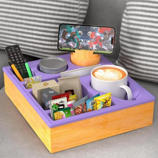 Cassa per contenitori per soggiorno - Organizzatore per caddy con contenitore per bicchieri per divano e letto - Caddy per spiaggia in silicone per snack, bevande e telecomando (Blu)