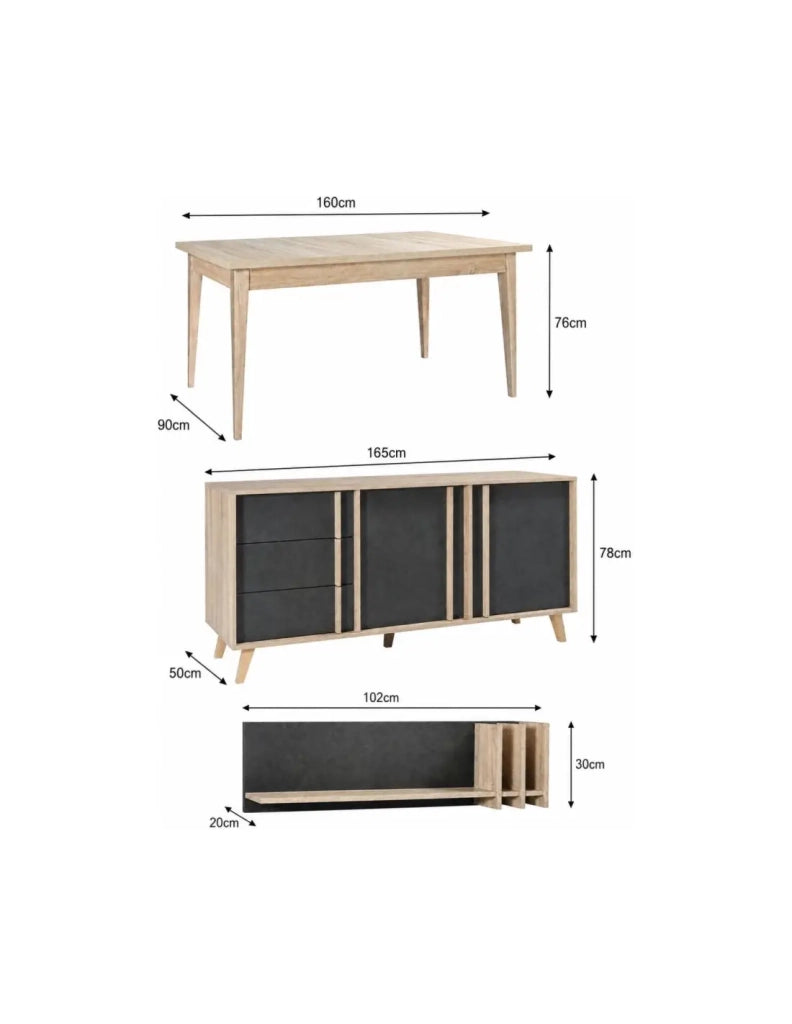 Sala da pranzo completa MALMO con tavolo 160 cm, buffet 165 cm e mensola da parete – Rovere chiaro e grigio