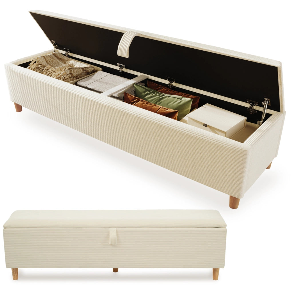 Panca contenitore imbottita in tessuto effetto corda beige