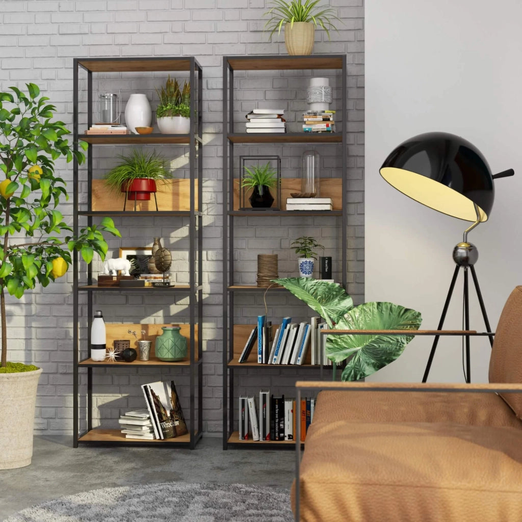 Scaffale stile industriale con ripiani in legno 60 cm Nera, Quercia Craft 60x32x192 cm