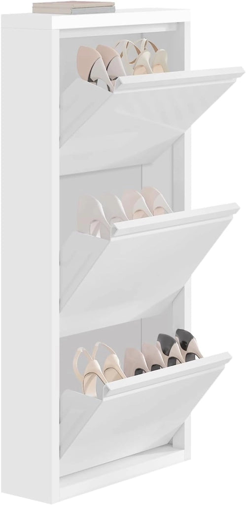 Set di 2 Scarpiera a Ribalta, Porta Scarpe da Ingresso a 3 Cassetti, Armadio per Scarpe Bianca Verticale, per Corridoio e Camera da Letto, in Metallo, SRX41ws-2