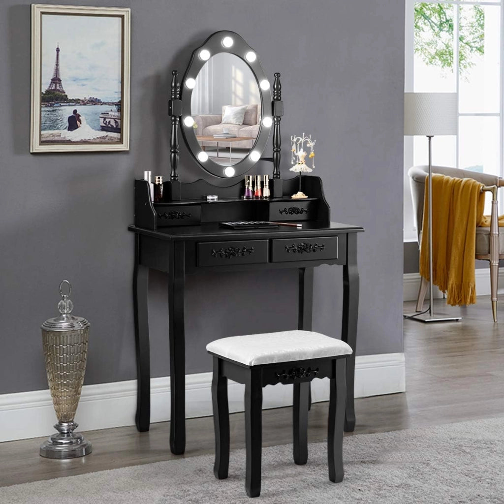 Toeletta Trucco, Postazione Trucco in Legno con Sgabello, 4 Cassetti e Specchiera Rimovibile Girevole a 360° con 10 LED Dimmerabili, Portata di 100+25 kg, 75x40x146cm (Nero)