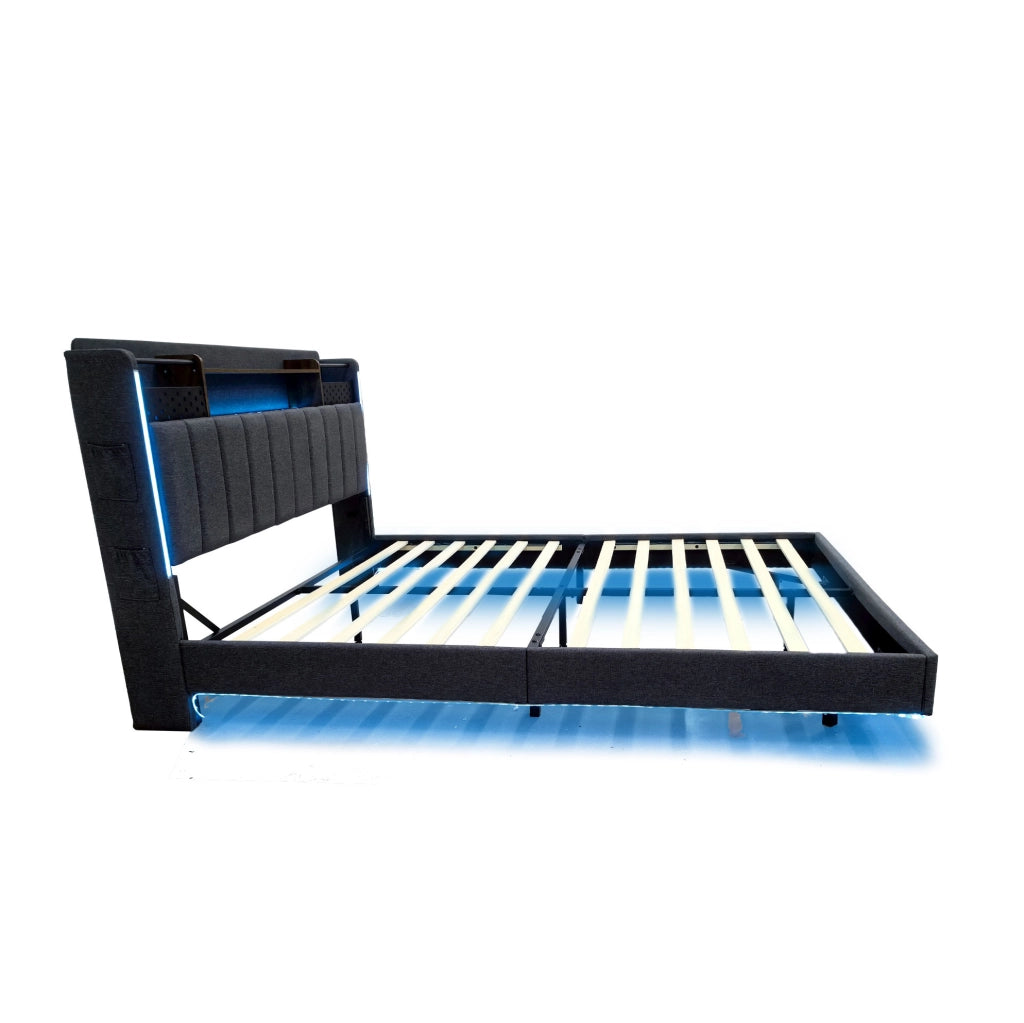 Letto imbottito 140 x 200 cm grigio con LED, USB e testiera contenitore
