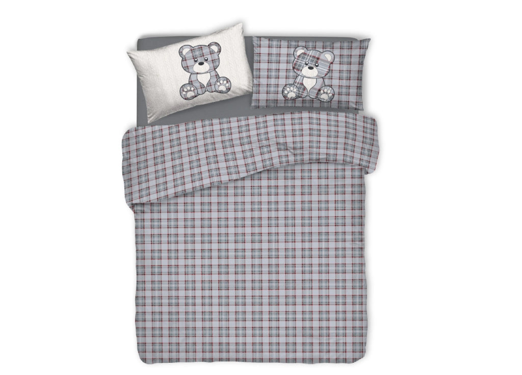 Copripiumino Sacco Piumone Pensieri Delicati 100% Cotone Orsetto Tartan - Matrimoniale - Grigio