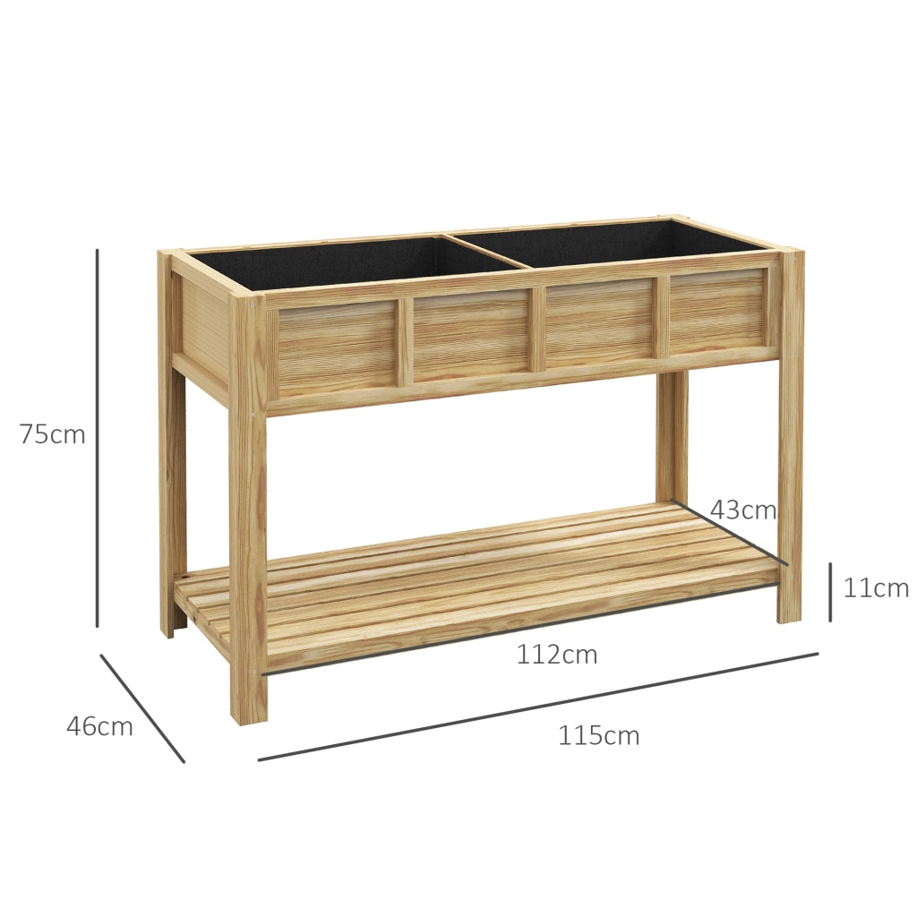 Fioriera Rialzata 115x46x75 cm con Ripiano Inferiore Divisorio Fori di Drenaggio in Legno