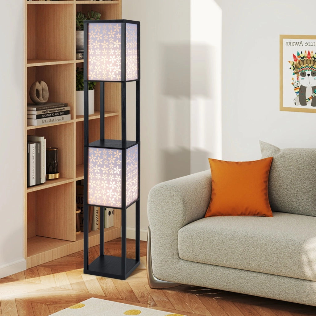 Lampada da terra paralumi decorati e interruttore a pedale con 2 ripiani, Lampada da terra per soggiorno camera da letto Disegno a fiori-Lampade