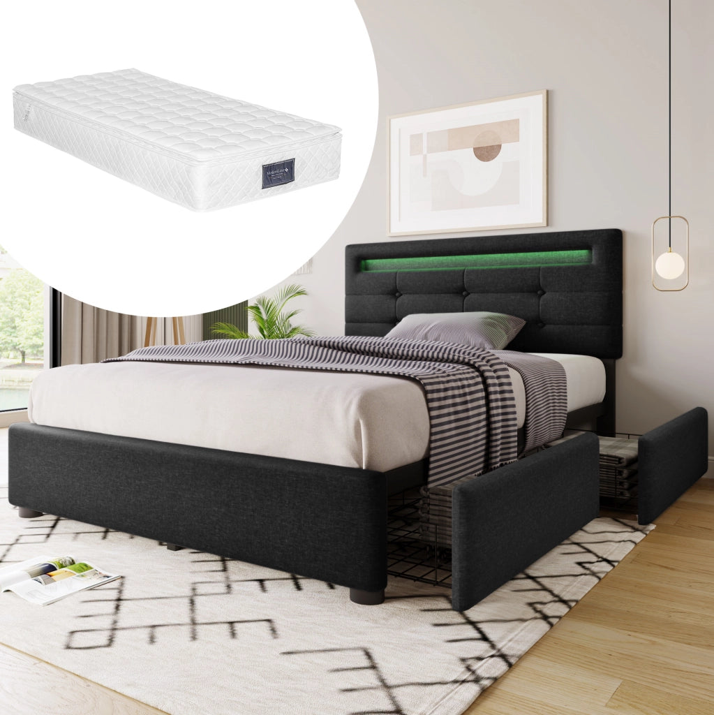 Letto singolo 90x200 cm nero con LED, 2 cassetti e materasso