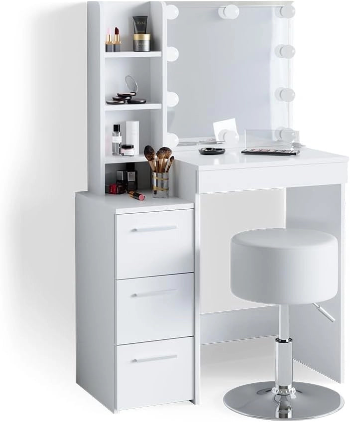 Tavolo da toeletta Meryl, Bianco, 80 cm con illuminazione LED e sgabello, adatto per truccarsi, acconciarsi e conservare cosmetici