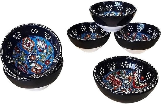 Set di 6 piatti ceramici - Piatti per servire tapas, dips, dessert, snack, sushi e altro - Piatti colorati e unici, manufatti a mano - 80 ml, diametro 8 cm (Set Iznik Nero)