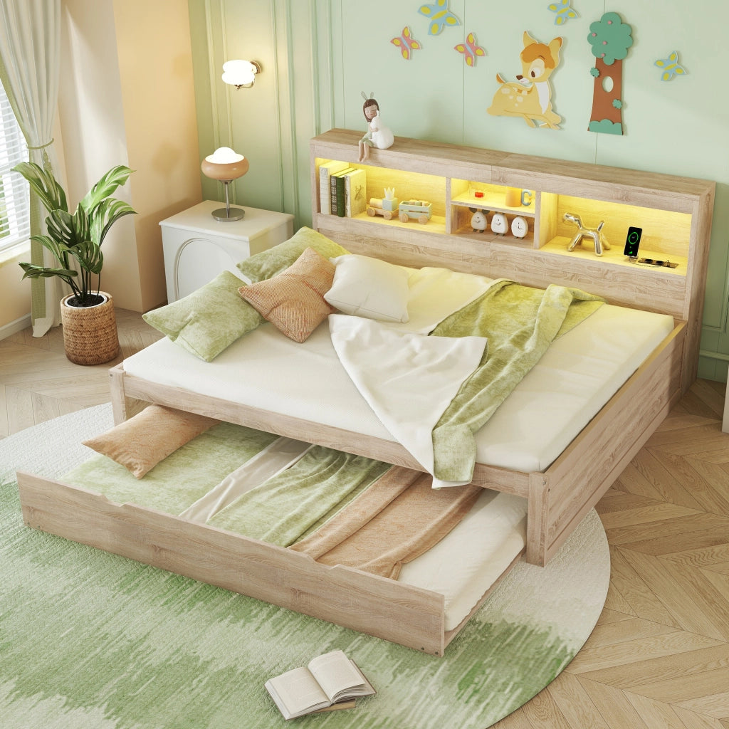 Divano letto Tagesbett 140x200 cm con LED, presa USB e vano laterale, Naturale