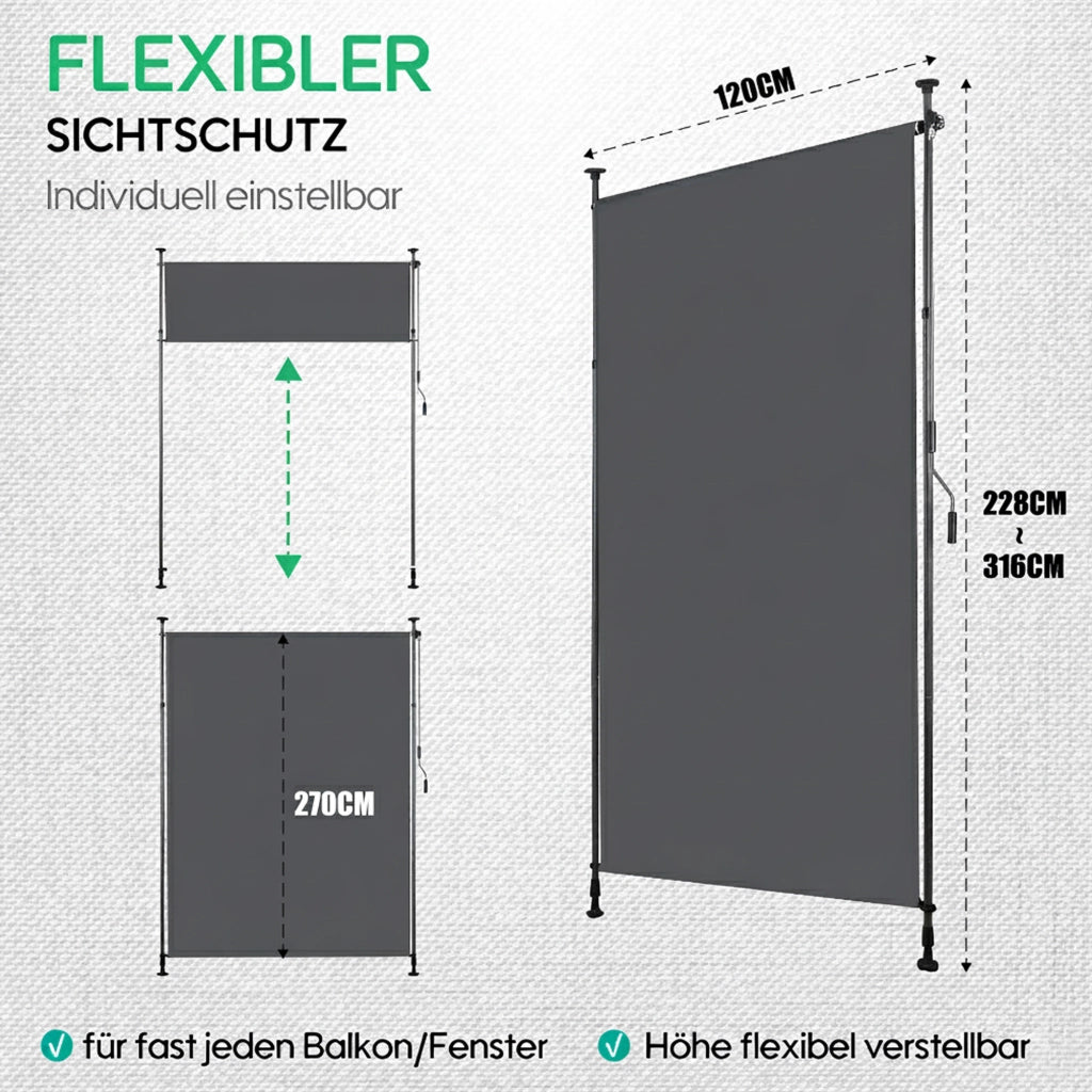 Tenda da Sole Verticale per Balcone e Terrazza ¨C Xylo ¨C Antracite, 120x270 cm