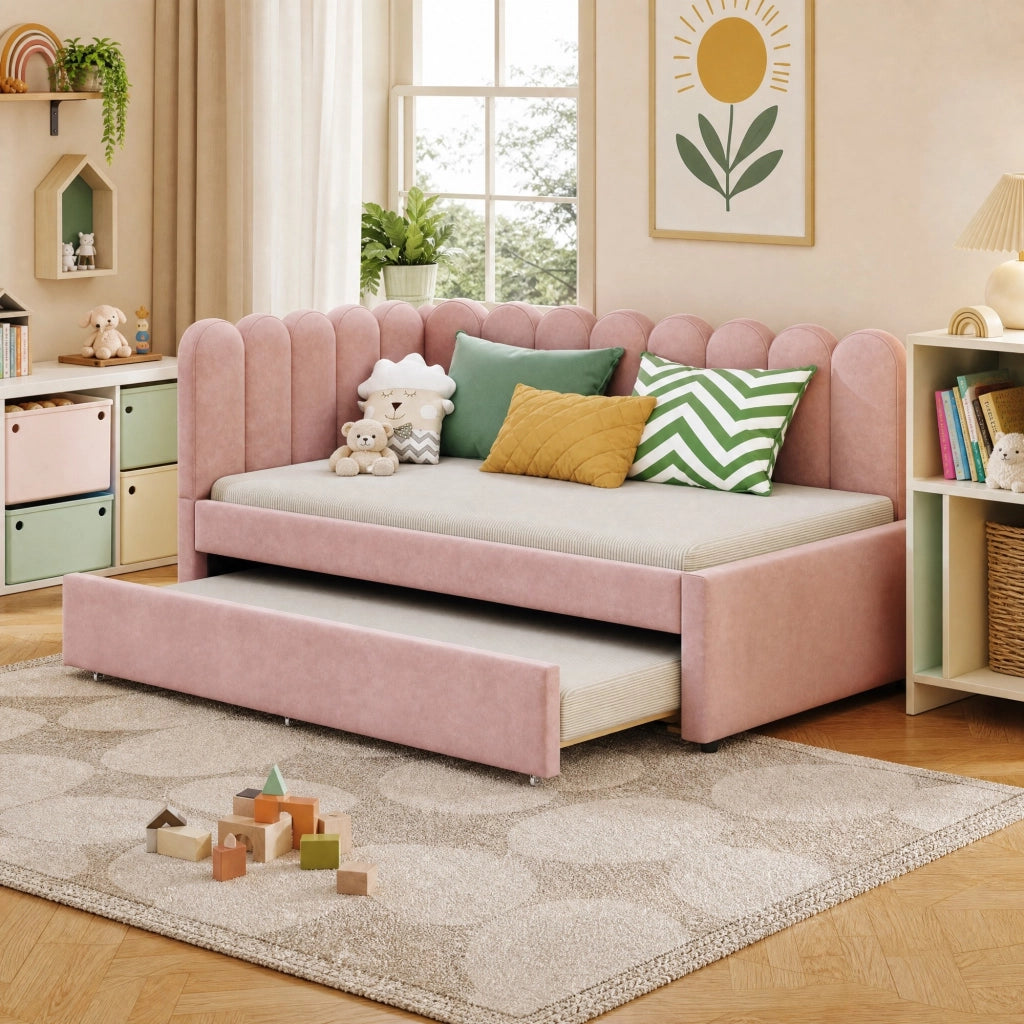 Letto imbottito angolare con letto estraibile 140x200 cm in velluto rosa