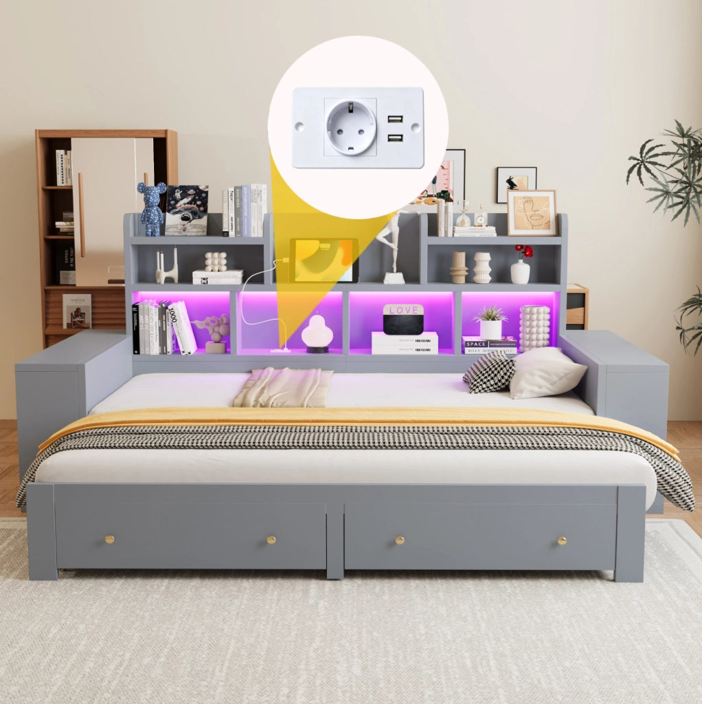DIVANO LETTO Estraibile 90/180x200 cm Grigio con LED e prese