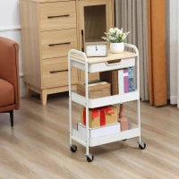 Carrello da Cucina con 2 Ripiani, Cassetto, Piano Aspetto Legno Chiaro, Acciaio e PP, Bianco