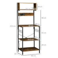 Scaffale Cucina con Multipresa, Ripiani e Ganci Stile Industriale, 60x42x153cm, Marrone
