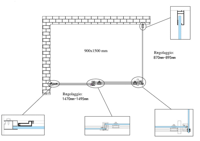 Box doccia 8 MM a 2 lati parete fissa laterale + porta scorrevole reversibile altezza 190 cm 90x150 
